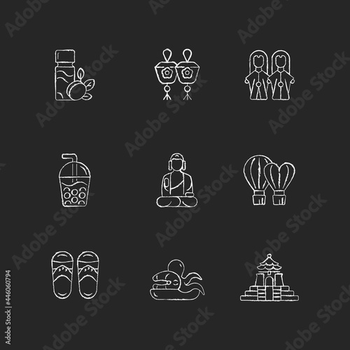Traditional taiwanese chalk white icons set on dark background. Buddha great journey. Budaixi glove puppets show. Asian trip attractions. Isolated vector chalkboard illustrations on black