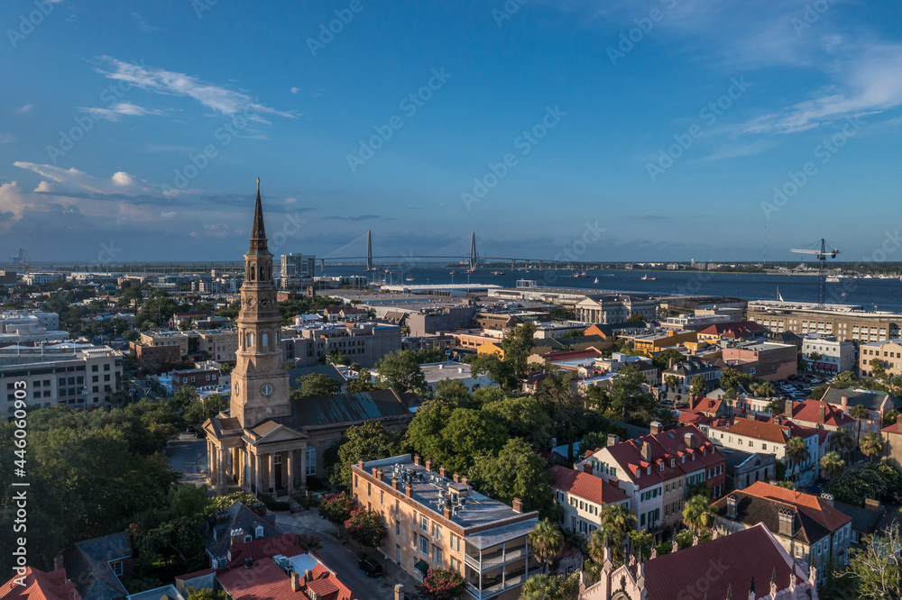 Fototapeta premium Aerial view of Church street Charleston, South Carolina port city, Saint Philip's church oldest congregation in town historic landmark