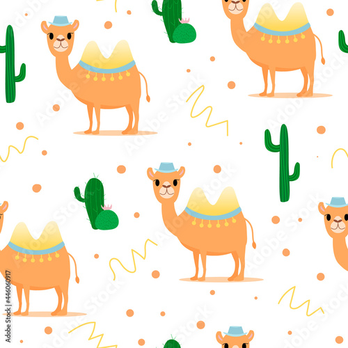 Fototapeta Naklejka Na Ścianę i Meble -  Camels with cactus seamless pattern. Good for fabric, textile. Vector