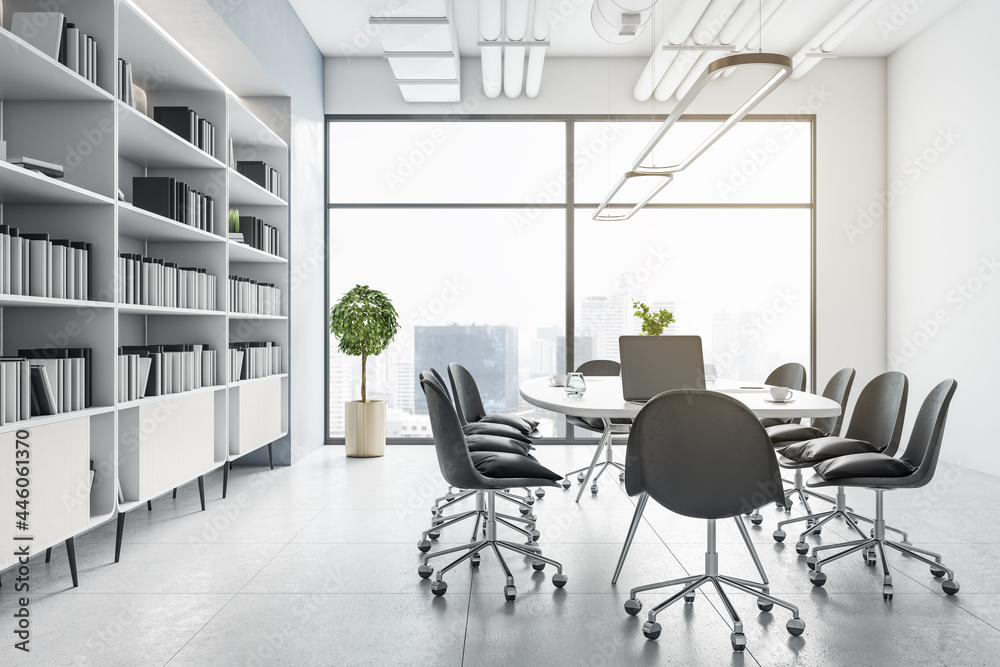 Fototapeta premium Contemporary meeting room interior with furniture, bookcase and city view. Corporate workplace concept. 3D Rendering.