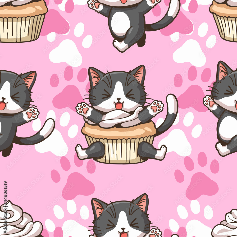 Seamless pattern Little cat cartoon character wearing a cupcake dress vector illustration, Cute character cartoon, This design can be used as a cute background and used as part of a design.