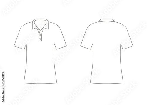 Womens white t-shirt outline template with short sleeve and v polo neck. Shirt mockup in front and back view. Vector illustration