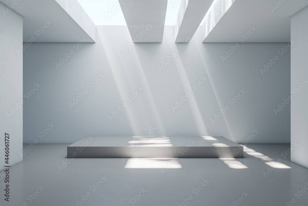 Obraz premium Modern concrete exhibition room interior with podium and empty mockup place. Mock up, 3D Rendering.