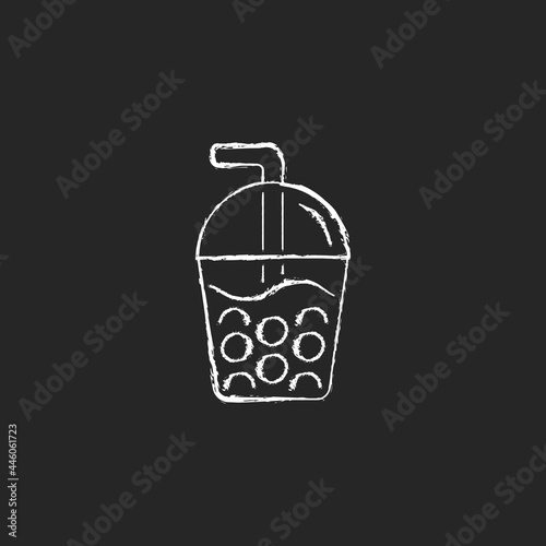 Bubble tea chalk white icon on dark background. Black tea with milk, ice and chewy tapioca pearls. Boba drink. Common dessert creamy topping. Isolated vector chalkboard illustration on black