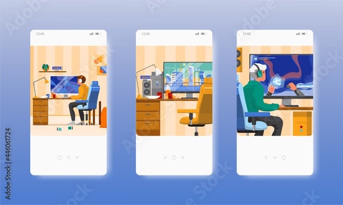 Game addiction. Teenage boy playing video game. Mobile app screens, vector website banner template. UI, web site design.