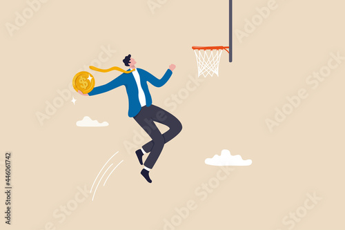 Financial achievement, aiming for savings or investment target, ambition for career development to increase income concept, skillful businessman jumping holding money coin to slam dunk basketball hoop