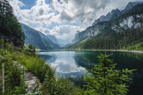 Dachstein Mountains reflected in Gosau beautiful lake, Austria