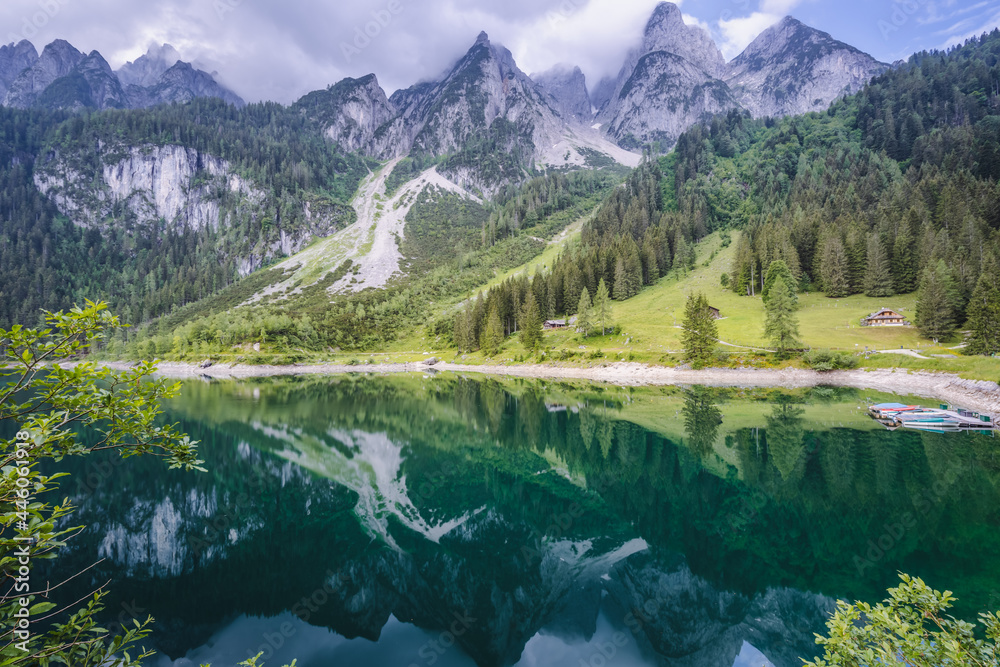 Dachstein Mountains reflected in Gosau beautiful lake, Austria
