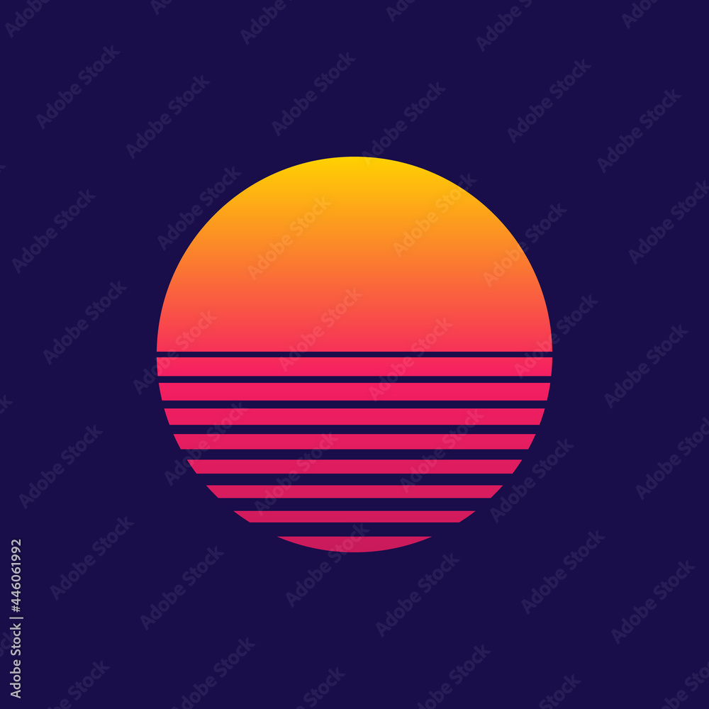 Sunset. Retro sun of 80s or 90s. Background for cyberpunk, disco of 80 s and sunrise in miami. Neon gradient graphic for summer logo. Futuristic icon for flyer, design, music and shirt. Vector - obrazy, fototapety, plakaty 