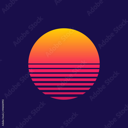 Sunset. Retro sun of 80s or 90s. Background for cyberpunk, disco of 80 s and sunrise in miami. Neon gradient graphic for summer logo. Futuristic icon for flyer, design, music and shirt. Vector © Wise ant