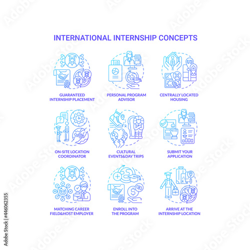International internship concept icons set. Abroad work opportunity idea thin line color illustrations. Personal program instructor. Guaranteed placement. Vector isolated outline drawings
