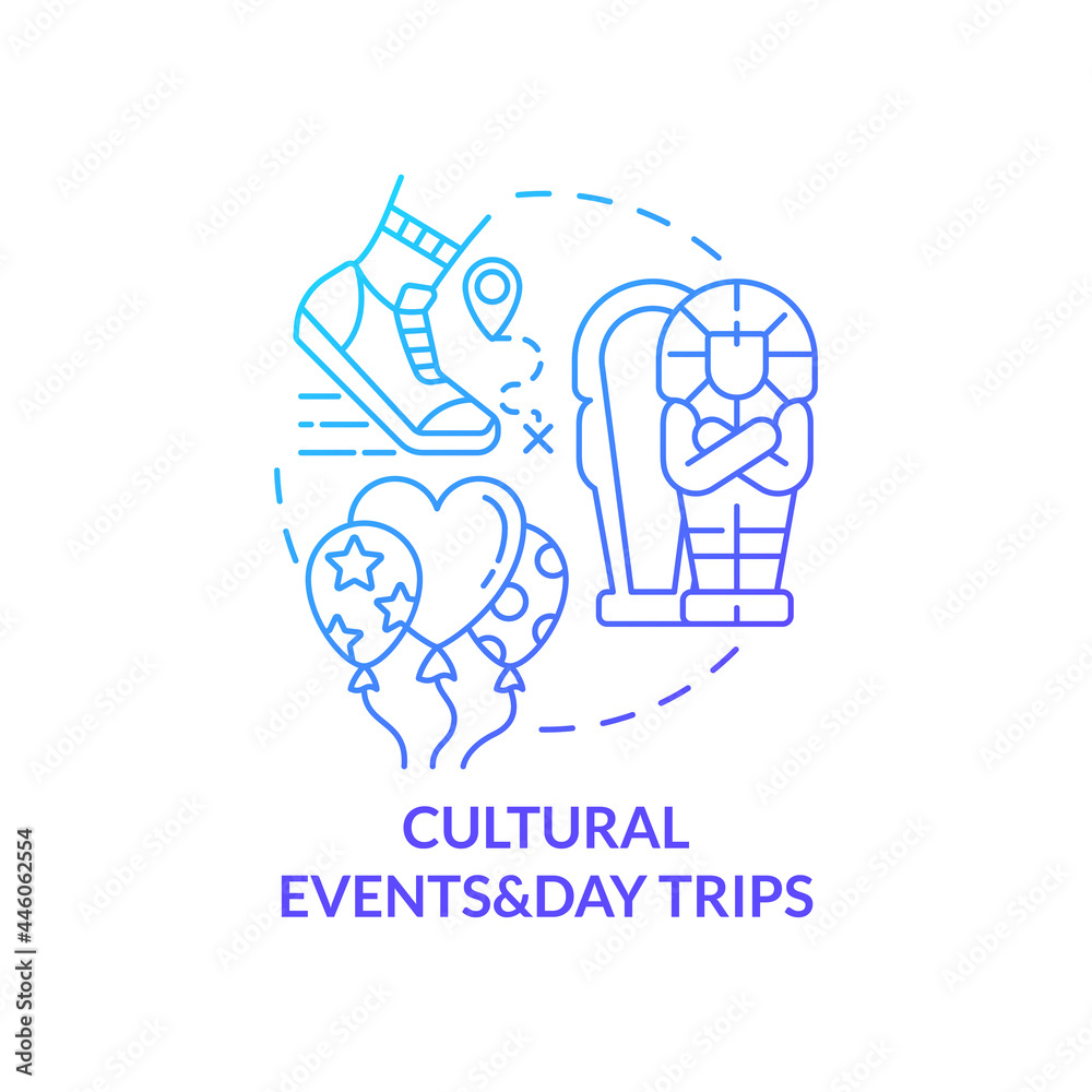 Cultural events and day trips concept icon. Internship program abstract idea thin line illustration. Sightseeing, walking tours. Gain authentic local experiences. Vector isolated outline color drawing Cultural events and day trips concept icon. Internship program abstract idea thin line illustration. Sightseeing, walking tours. Gain authentic local experiences. Vector isolated outline color drawing