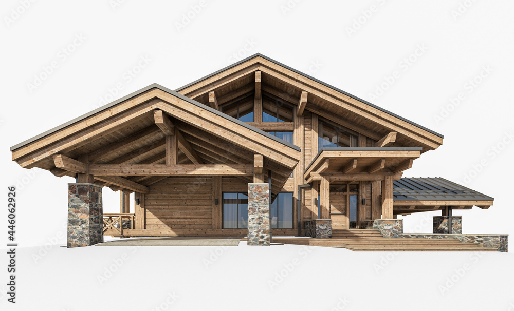 3d rendering of modern cozy chalet with pool and parking for sale or rent. Massive timber beams columns. Clear sunny summer day. Isolated on white 3d rendering of modern cozy chalet with pool and parking for sale or rent. Massive timber beams columns. Clear sunny summer day. Isolated on white