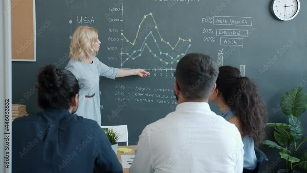 Businesswoman mature blond lady is speaking in boardroom making presentation pointing at graphs on chalk board talking to people. Workplace and conference concept. Businesswoman mature blond lady is speaking in boardroom making presentation pointing at graphs on chalk board talking to people. Workplace and conference concept.