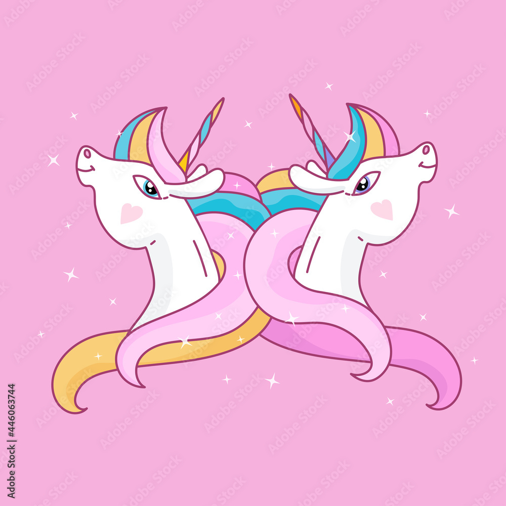 Pair of unicorns in pink background. Two horses with magical horns and a rainbow mane. White head of beautiful unicorn. Design for children, girls, t-shirts, packaging etc. Pattern vector template Pair of unicorns in pink background. Two horses with magical horns and a rainbow mane. White head of beautiful unicorn. Design for children, girls, t-shirts, packaging etc. Pattern vector template