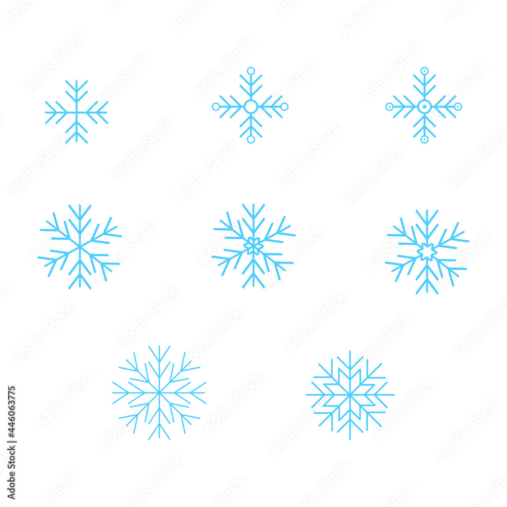 Set of blue snowflakes icons on a white background. Snowflake icons. Snowflake vector icon Set of blue snowflakes icons on a white background. Snowflake icons. Snowflake vector icon