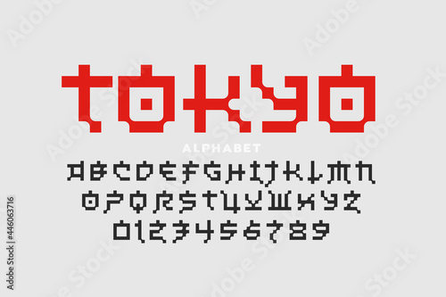 Pixel Japanese style Latin font design, alphabet letters and numbers vector illustration