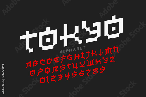 Pixel Japanese style Latin font design, alphabet letters and numbers vector illustration