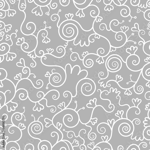 Abstract seamless pattern on gray background. Doodle plants wallpaper. Line art branched print.