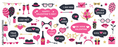 Cute Valentine Day photo booth props as set of party graphic elements of hearts, hats, mustaches, lips, costume as mask etc. Vector illustration. Vector illustration