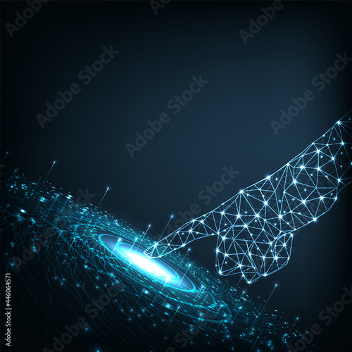 Hand design Technologies of the future.Polygonal Hand mesh image on dark blue background.Futuristic technology. Hi-tech abstract background.