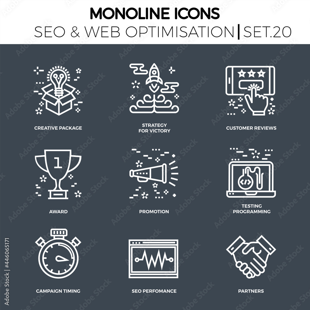 Line icons set with flat design of search engine optimization. Victory strategy, creative package, customer reviews, award, promotion, testing programming, campaign timing, seo perfomance, partners