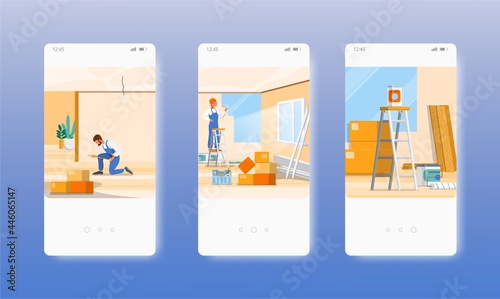 Apartment repair service. Wall restoration. Mobile app screens, vector website banner template. UI, web site design.