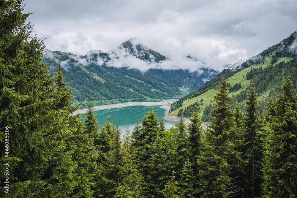 Fototapeta premium Schlegeis Stausee lake view from mountain hiking path trail. Zillertal, Austria, Europe