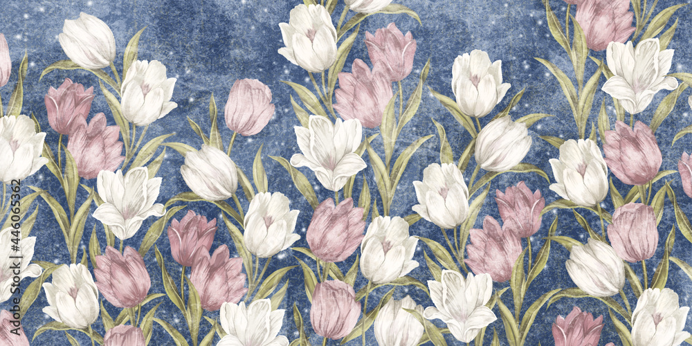 colored very bright painted tulips, wall murals in the room interior of a house or apartment - obrazy, fototapety, plakaty 