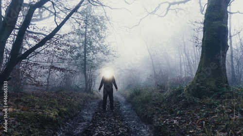 An alien entity with lights glowing from it's head in an eerie forest. On a mysterious foggy, winters day