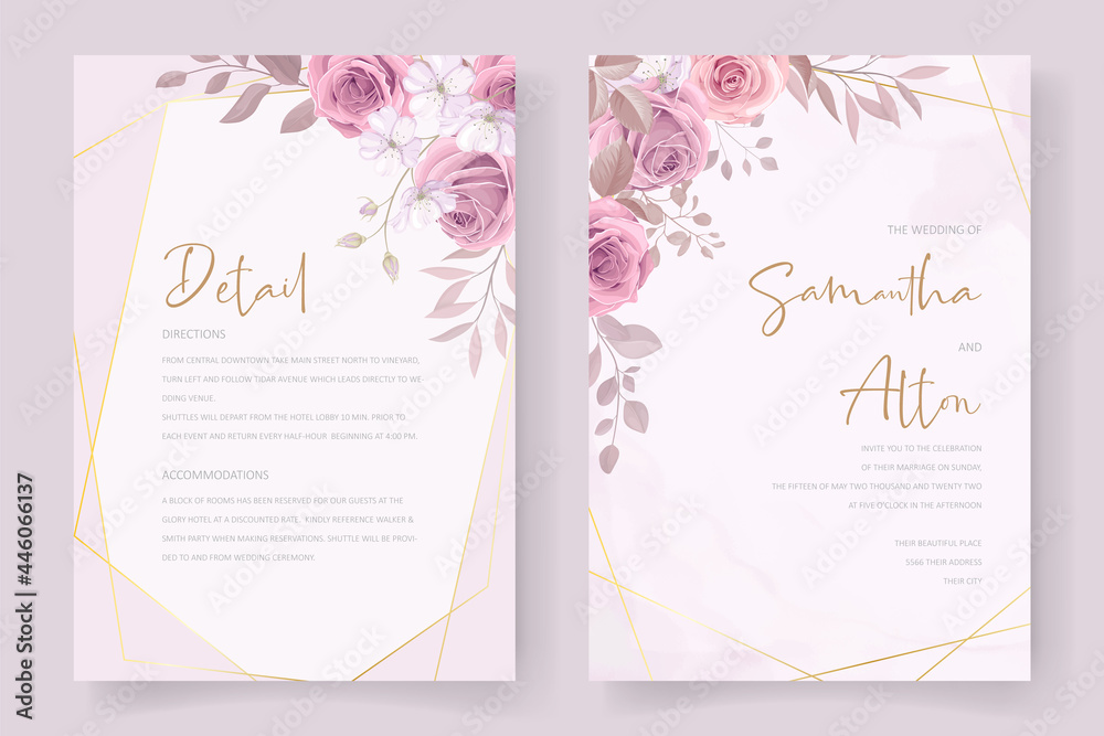 Beautiful soft floral and leaves wedding invitation card design