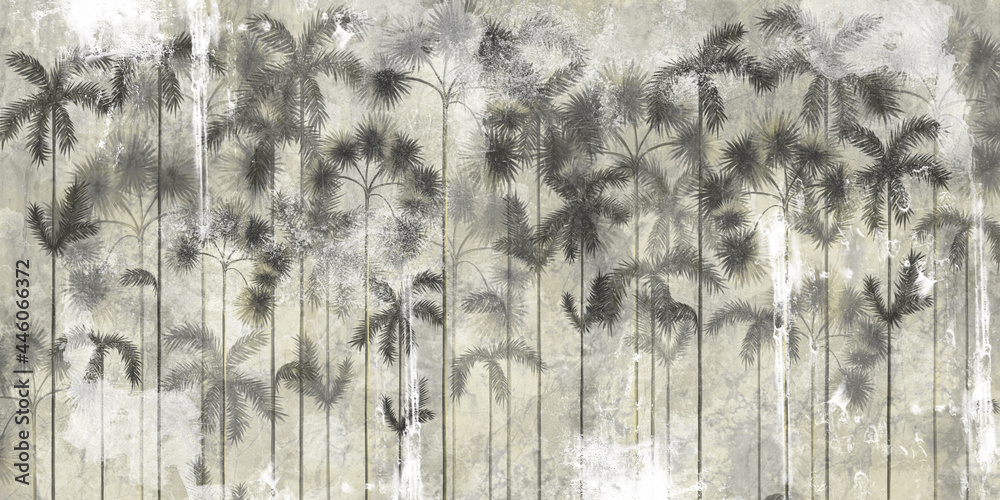 tropical tall trees on a textured background imitation of the surface of the wall, photo wallpaper in the interior of the room