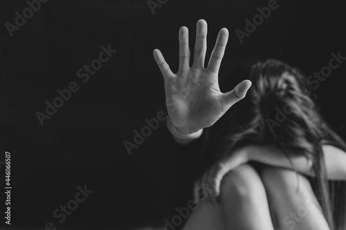 Woman hand sign for stop abusing violence,  human trafficking, stop violence against women, Human is not a product. Stop women abuse, Human rights violations.