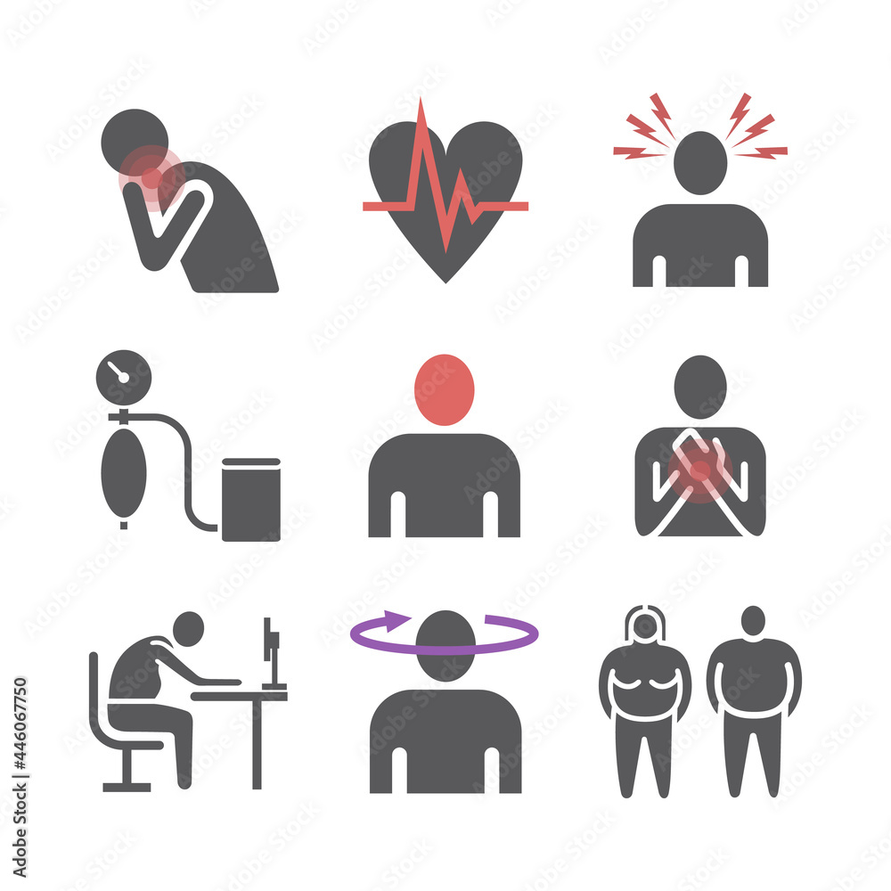 Hypertension. Symptoms, Treatment. Flat icons set. Vector signs for web graphics. Hypertension. Symptoms, Treatment. Flat icons set. Vector signs for web graphics.
