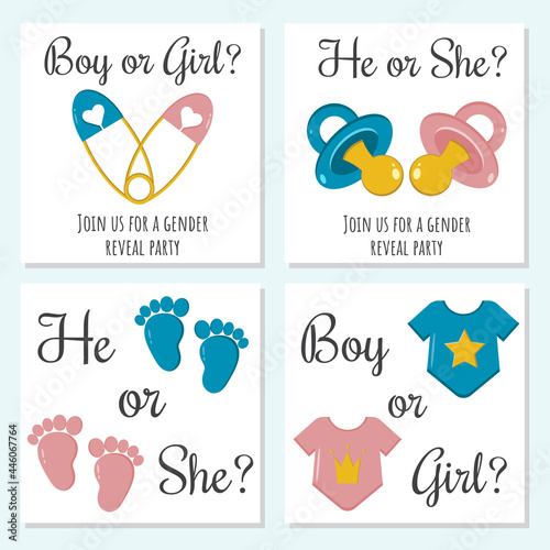 Gender reveal party concept. Vector illustration for invitation, cards, decoration party. Blue or pink Boy or girl He or she Cute baby bodysuits, pins, nipple . It's a boy. It's a girl.