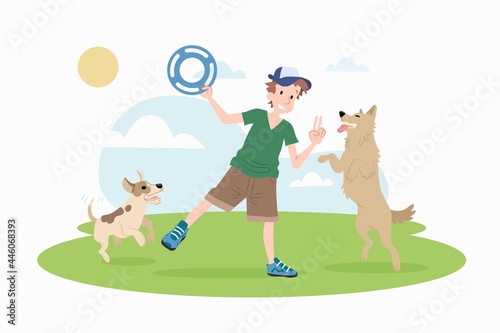 Flat Design Man Playing With Dogs