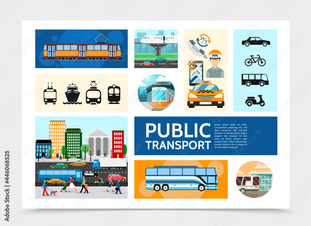 Flat Public Transport Infographic With Tram Taxi Operator Road Traffic Bus Subway Cruise Ship Scoote