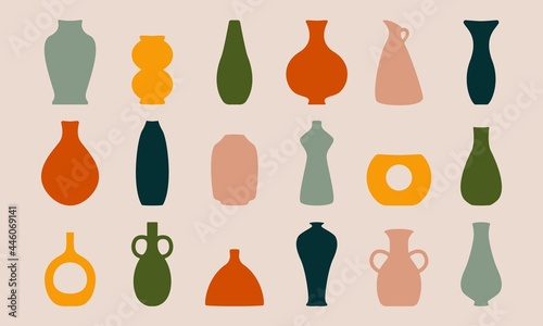 Ancient pottery set. Ceramic vase jar amphora silhouettes abstract shapes, hand drawn isolated icons. Vector illustration photo