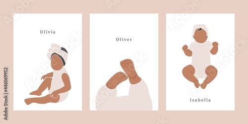 Abstract newborn posters. Minimal baby portraits and names for greeting card, wall decor, art print, contemporary vector set