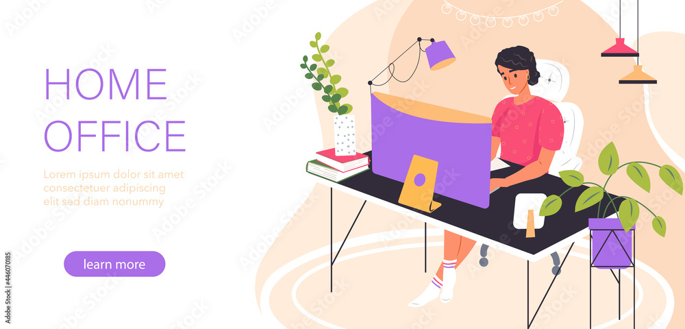 Woman working at home office. Cute young woman sitting on comfy chair with laptop computer in cozy room and talking with colleagues online. Home office concept. Flat isometric vector illustration.
Woman working at home office. Cute young woman sitting on comfy chair with laptop computer in cozy room and talking with colleagues online. Home office concept. Flat isometric vector illustration.