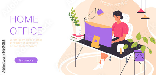 Woman working at home office. Cute young woman sitting on comfy chair with laptop computer in cozy room and talking with colleagues online. Home office concept. Flat isometric vector illustration.
