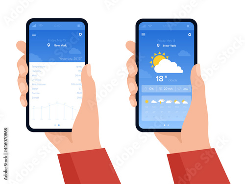 Weather forecast widget. Vector elements for weather forecast for web and mobile application program. Hands holding smartphone with flat Ui Ux design. Temperature, atmospheric pressure, Uv index, wind