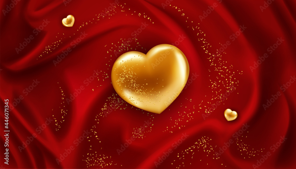 Golden Heart Red Shiny Fabric With Sequins As Festive Background