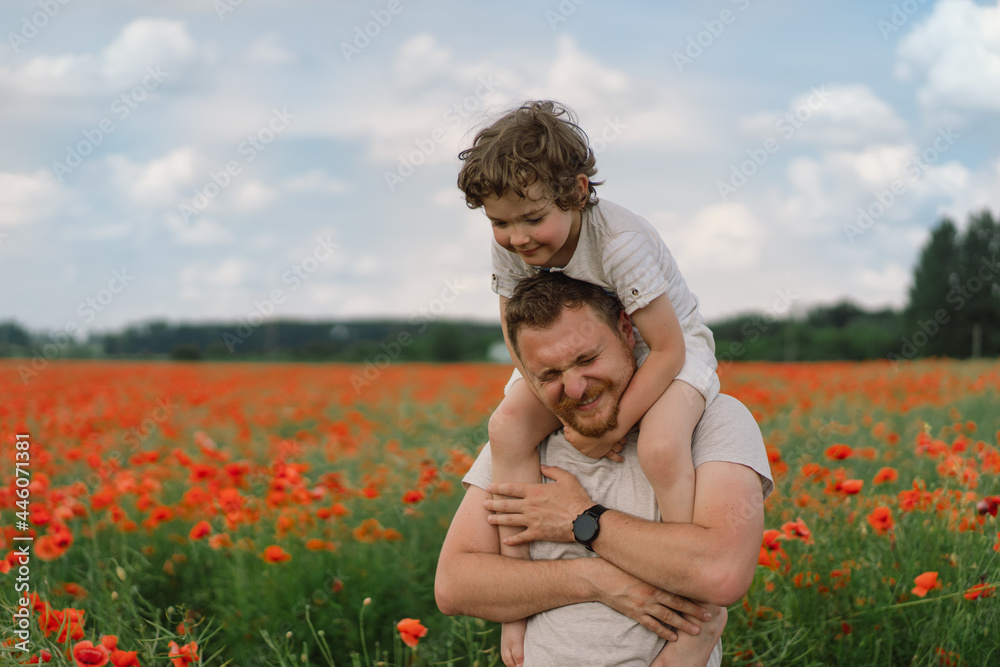 Happy father's day. Little boy and father are playing in a beautiful field of red poppies. Happy father's day. Little boy and father are playing in a beautiful field of red poppies.