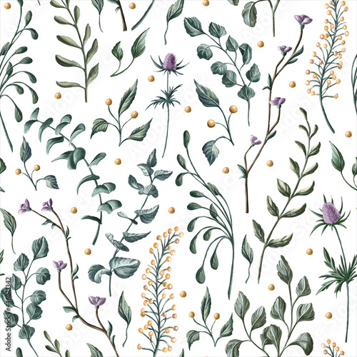 Digital floral seamless pattern. Purple and yellow flowers and green leaves on the white background. Endless background with beautiful gentle flowers. Ideal for wrapping paper, wedding invitations