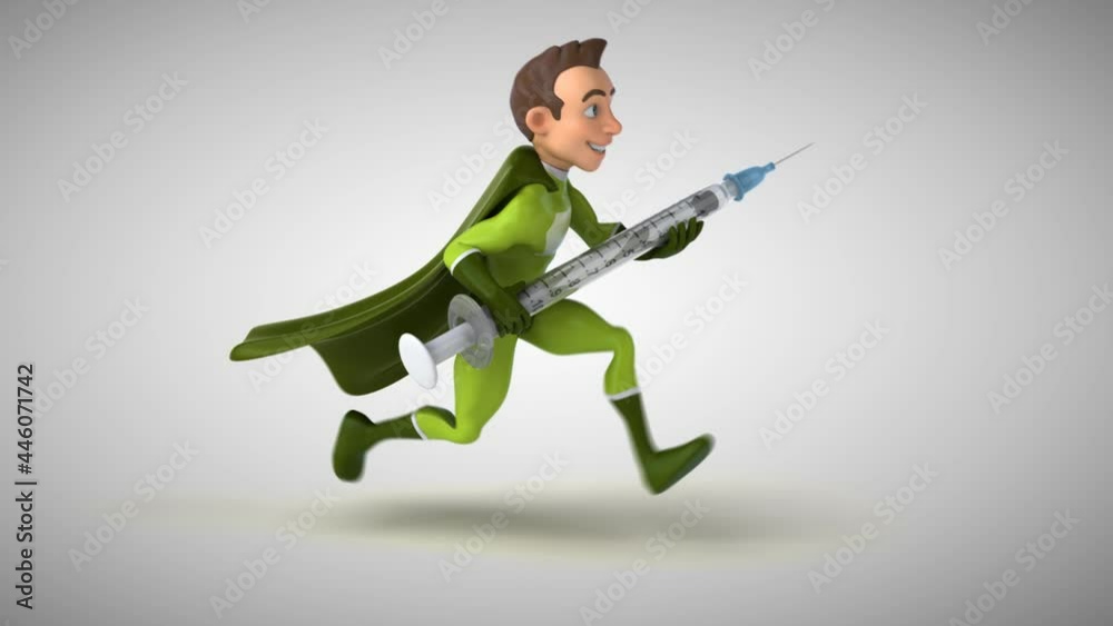 Fun 3D cartoon superhero running with a syringe Fun 3D cartoon superhero running with a syringe