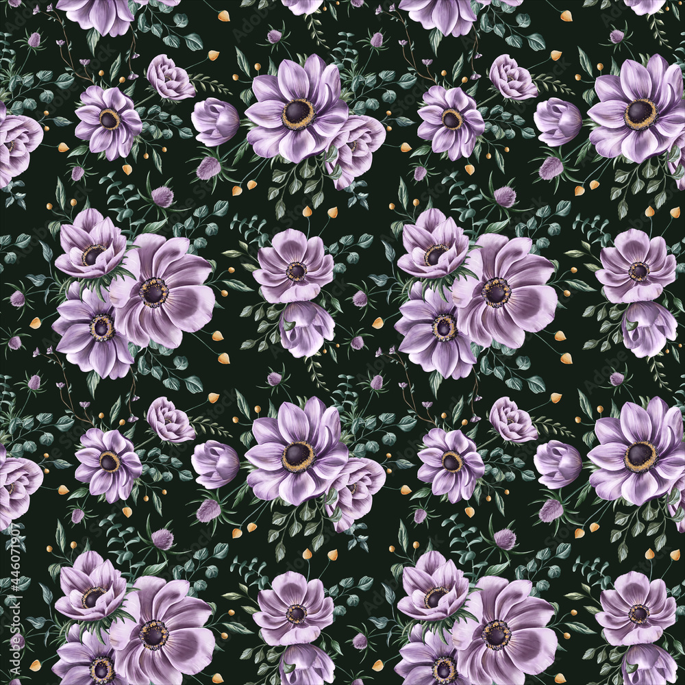 Digital floral seamless pattern. Purple anemones and green leaves on the dark background. Endless background with beautiful gentle flowers. Ideal for wrapping paper, wedding invitations, scrapbooking