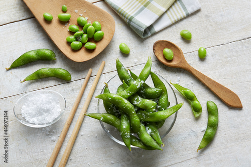High angle view of edamame on the table. Healthy food. Take a healthy break! photo