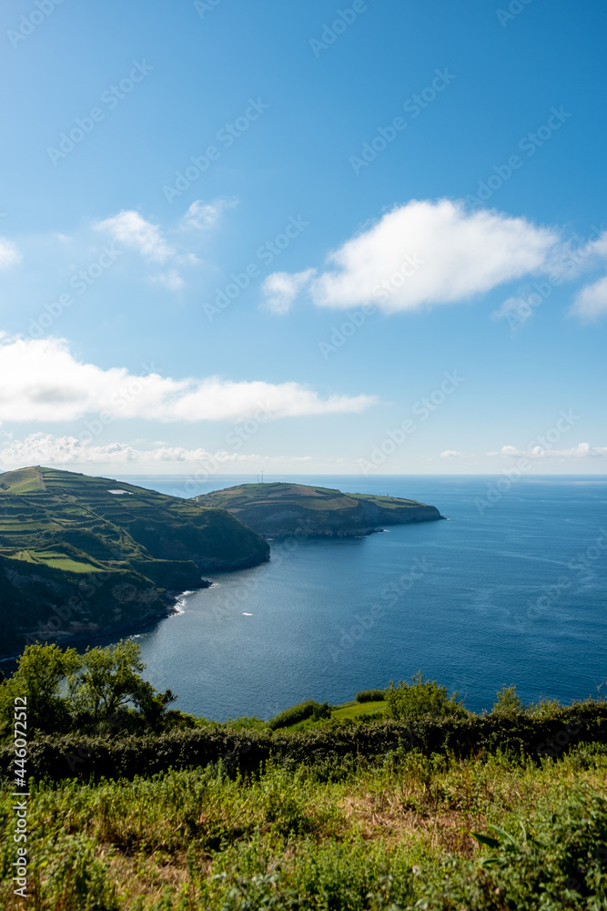 View to North coastline of São Miguel island from the viewpoint of Santa Iria in Azores. Portugal