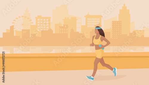 Relay athletics sports. Girl runs the baton along the embankment in a sports uniform with a bottle of water against the background of the city.